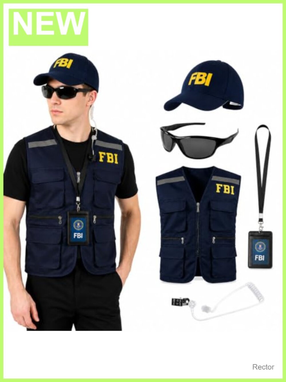 FBI Agent Costume Set Police Vest Hat Badge Sunglasses Earpiece
